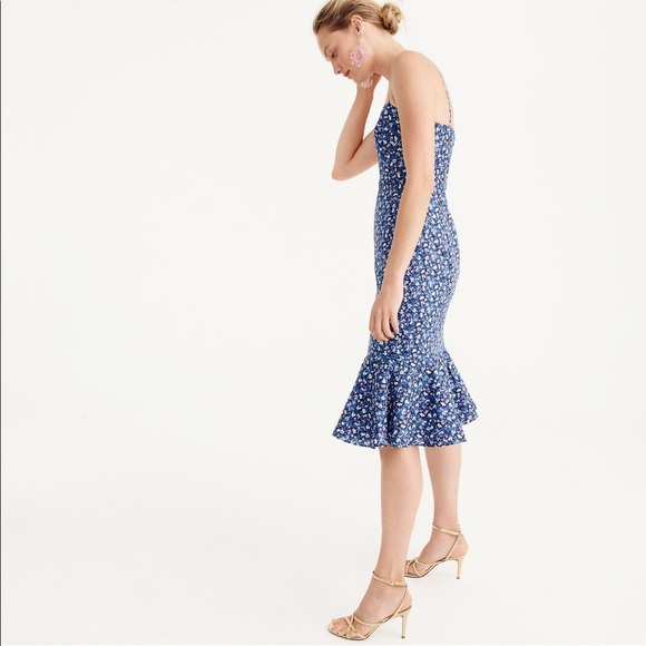 J. Crew Ruffle Hem Midi Dress Liberty Print Blue, Size 12 - Picture 5 of 7